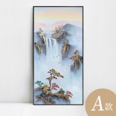 纯手绘油画新中式玄关走廊过道装饰画竖版现代简约迎客松风景挂画
