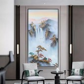 纯手绘油画新中式玄关走廊过道装饰画竖版现代简约迎客松风景挂画