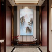 纯手绘油画新中式玄关走廊过道装饰画竖版现代简约迎客松风景挂画