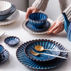 蓝均釉碗盘碟餐具套装创意陶瓷盘酒店牛排西餐盘菊花窑变陶瓷餐具