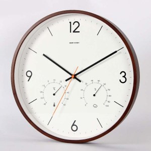 现代简约木框挂钟 带温度湿度计多功能静音挂钟