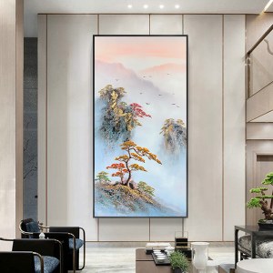纯手绘油画新中式玄关走廊过道装饰画竖版现代简约迎客松风景挂画
