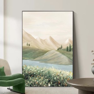 北欧风格装饰画 绿色山谷风景油画侘寂风装饰画