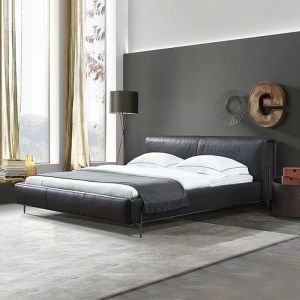 意式简约真皮床高端主卧设计师大黑牛双人床软包床头真皮床