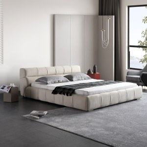 意式简约泡芙床全磨砂绒真皮床现代卧室布艺软包双人床