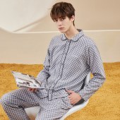 春秋季A类纯棉梭织情侣睡衣 全棉色织棋盘格男女睡衣家居服套装