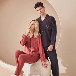 秋季情侣套装纯棉睡衣 全棉翻领纯色开衫高级感可外穿家居服