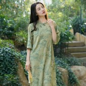 春夏新款高级感旗袍裙 皱面提花国风复古连衣裙