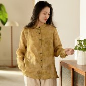 春夏新款棉麻中式复古女装 宽松印花苎麻衬衫