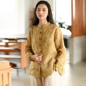 春夏新款棉麻中式复古女装 宽松印花苎麻衬衫