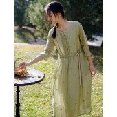 春夏季新款收腰棉麻连衣裙 苎麻文艺复古素感女装