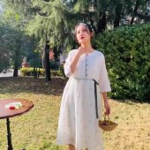 春夏季新款收腰棉麻连衣裙 苎麻文艺复古素感女装