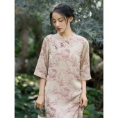 春夏新款高级感旗袍裙 皱面提花国风复古连衣裙