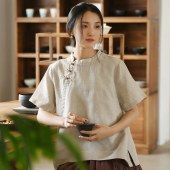 夏季新款棉麻短袖T恤 中式复古盘扣女装上衣