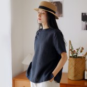 夏季新款棉麻短袖T恤 中式复古盘扣女装上衣