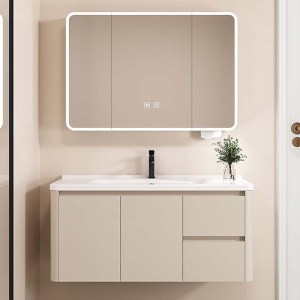 现代简约浴室柜 高级灰与奶油色加厚蜂窝铝材质四边挡水抽屉式洗手盆柜组合