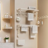 奶油风太空铝毛巾架 奶白色五金置物架挂件卫浴套装