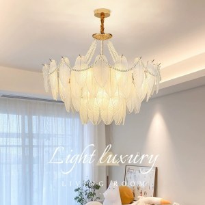 法式羽毛型水晶吊灯 现代轻奢房间全铜玻璃复古灯LED灯具