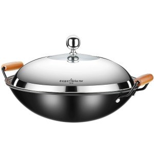 家用双耳熟铁圆底炒锅 轻便无涂层燃气铁锅耐锈炒菜锅