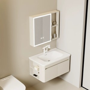 现代简约浴室镜柜 铝合金柜洗脸盆陶瓷盆一体卫浴套件