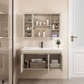 现代简约浴室柜 高级灰与奶油色加厚蜂窝铝材质四边挡水抽屉式洗手盆柜组合