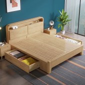 北欧实木床带夜灯现代简约双人床软包床青少年儿童床