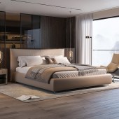 意式轻奢真皮牛皮床 极简风高靠背软包主卧1.8M床双人大床头层牛皮床