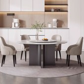 圆形岩板餐桌现代简约实木全托底板家用意式极简高端带转盘圆餐桌