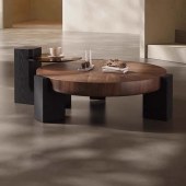 意式极简胡桃色木纹圆形茶几现代客厅设计师款茶几组合