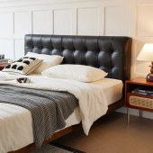 意式简约华夫格实木真皮床 卧室齐边双人床1.8米黑色皮艺悬浮床