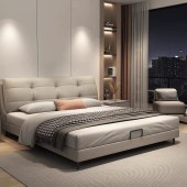 现代极简真皮床主泡芙风软包头层牛皮 双人床