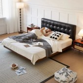 意式简约华夫格实木真皮床 卧室齐边双人床1.8米黑色皮艺悬浮床